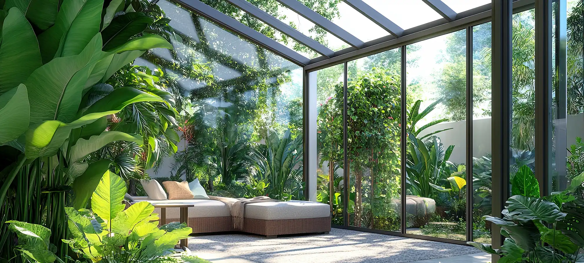 A living room filled with lots of green plants.