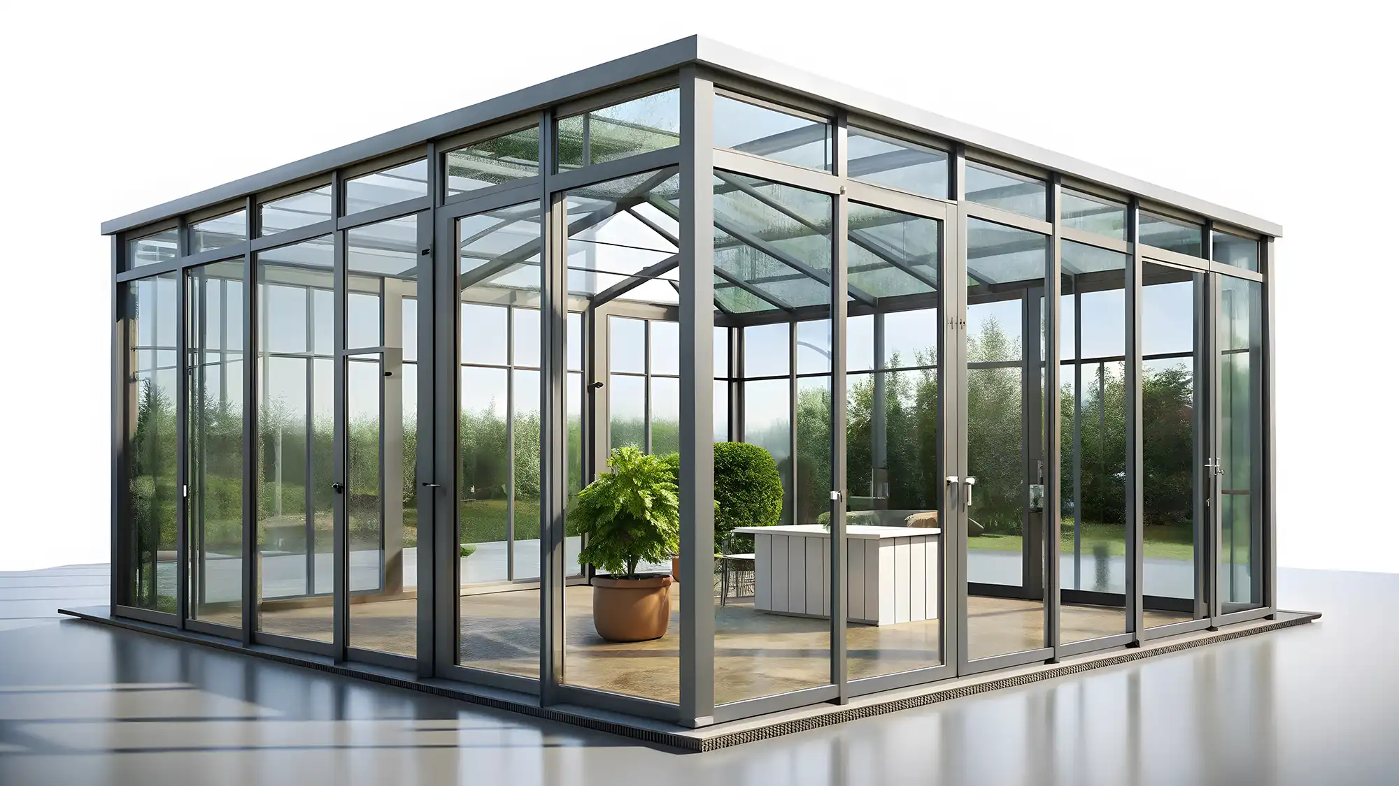 A glass house with a potted plant inside of it.