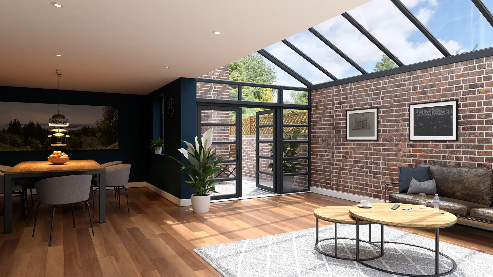 Modern living space with large glass windows, exposed brick walls, and wooden floors. Features a dining area and cozy seating.