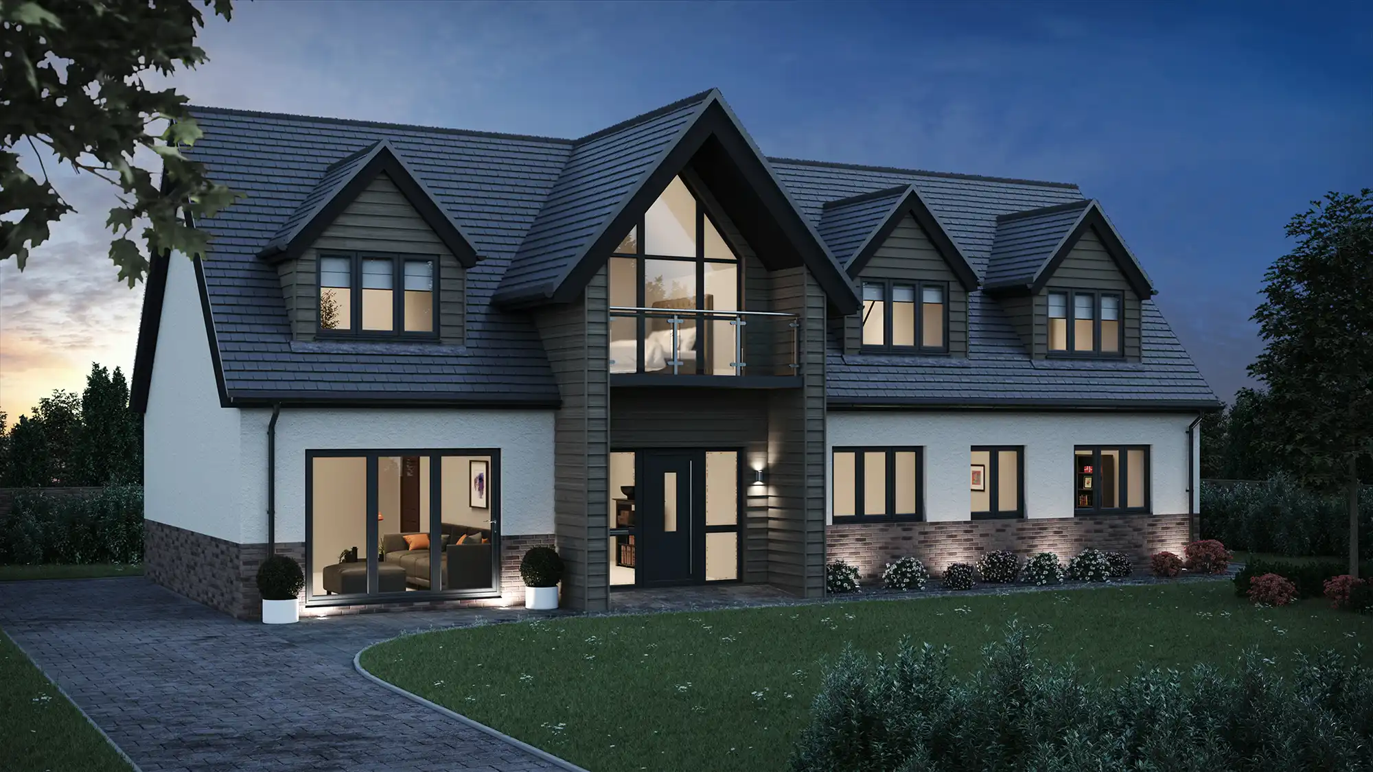 Modern two-story house exterior at dusk, featuring a sloped roof, large windows, and a manicured lawn.