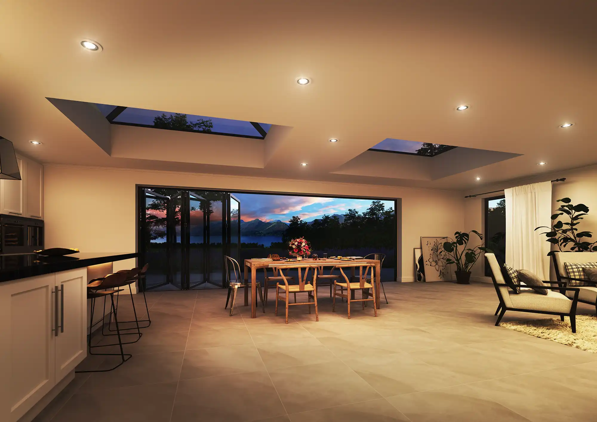 Modern open-concept living space with kitchen, dining area, and indoor plants, featuring large windows revealing a sunset view.