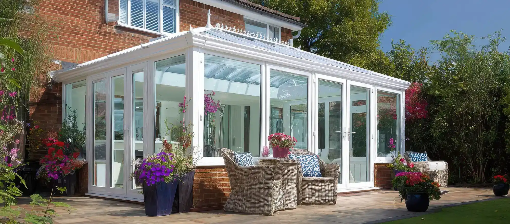 A house with a patio with chairs and potted plants.
