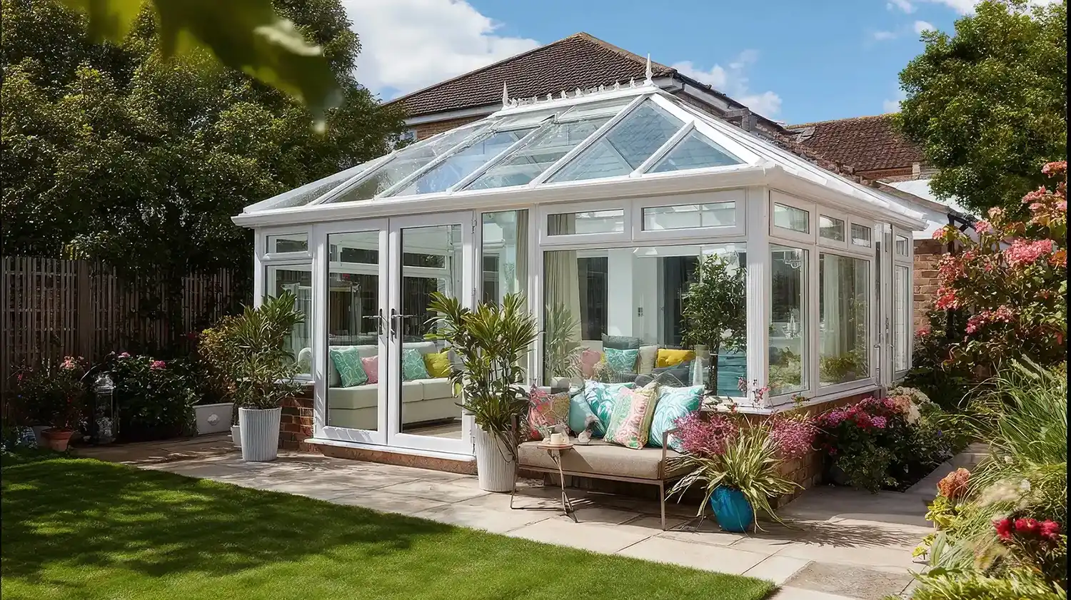 White conservatory with glass roof and garden furniture surrounded by flowering plants and green lawn.